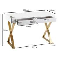 Schreibtisch 118x76x57 cm Holz Hochglanz Weiß Metallbeine Golden | Design Computertisch PC-Tisch Bürotisch Modern | Konsolentisch Schubladen – Bild 4