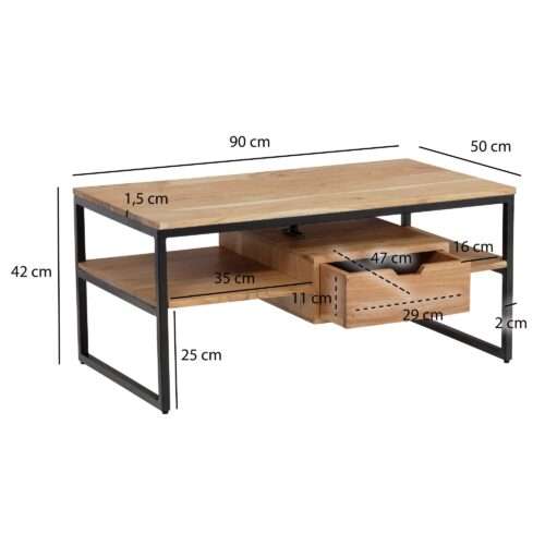 Couchtisch 90x50x42 cm Akazie Massivholz Metall Sofatisch Rechteckig Wohnzimmertisch Kaffeetisch – Bild 3