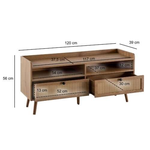 Lowboard 120x56x39 cm TV-Kommode mit Eiche-Dekor & Rattan Design TV-Schrank – Bild 4