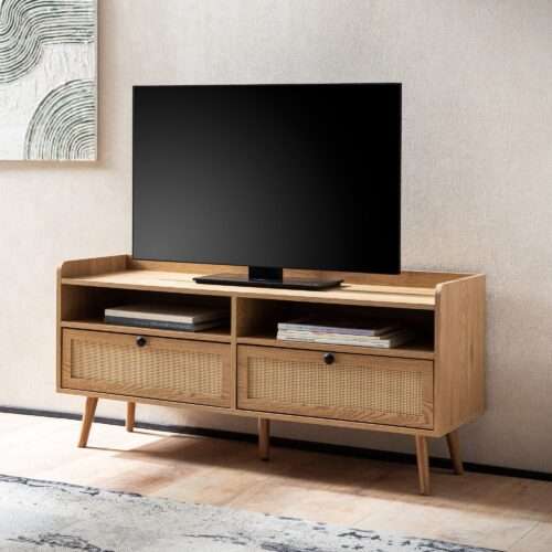 Lowboard 120x56x39 cm TV-Kommode mit Eiche-Dekor & Rattan Design TV-Schrank – Bild 2