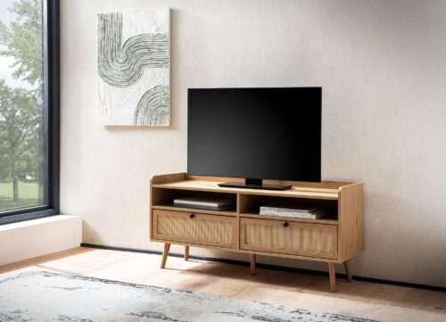 Lowboard 120x56x39 cm TV-Kommode mit Eiche-Dekor & Rattan Design TV-Schrank – Bild 3