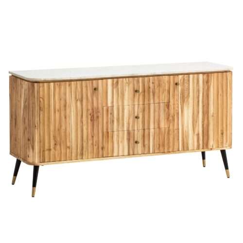 Sideboard 150x80x45 cm Akazie Massivholz Kommode Echter Marmor