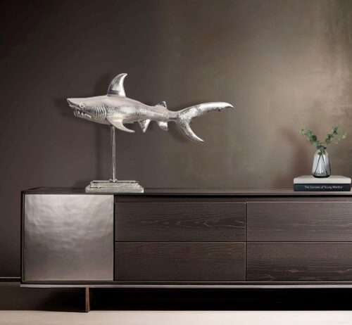 Dekofigur Hai Aluminium Silber Maritim 70 cm mit Sockel Design Metall Deko Alu Modern Tischdeko – Bild 3