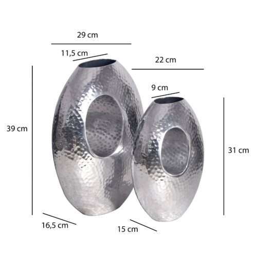 Deko Vase 2er Set Aluminium Silber mit Tragegriff Blumenvase Modern Hammerschlag Dekovase 2-teilig – Bild 4