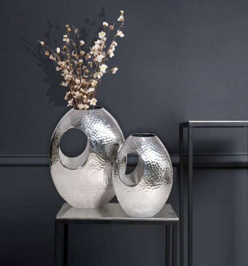 Deko Vase 2er Set Aluminium Silber mit Tragegriff Blumenvase Modern Hammerschlag Dekovase 2-teilig – Bild 3