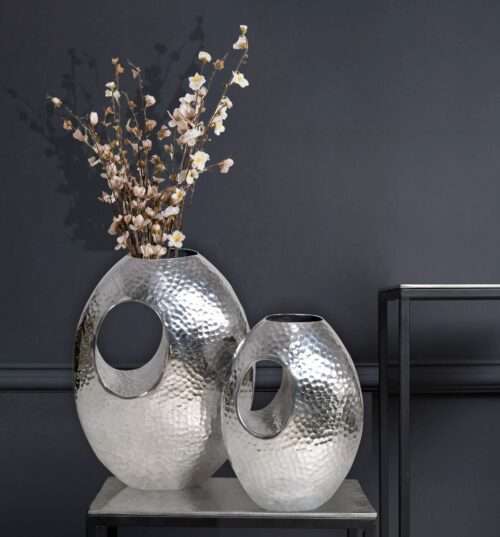 Deko Vase 2er Set Aluminium Silber mit Tragegriff Blumenvase Modern Hammerschlag Dekovase 2-teilig – Bild 2