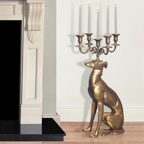 Kerzenhalter Windhund Aluminium Gold 69 cm 5-armiger Kerzenleuchter Kerzenständer Metall – Bild 2